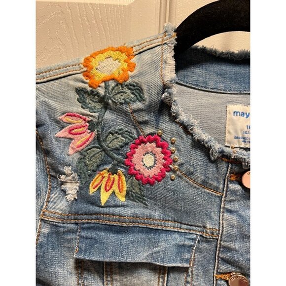 Mayoral | Denim Jean Jacket Embroidered Flowers Sz 16 Girls - Picture 4 of 9